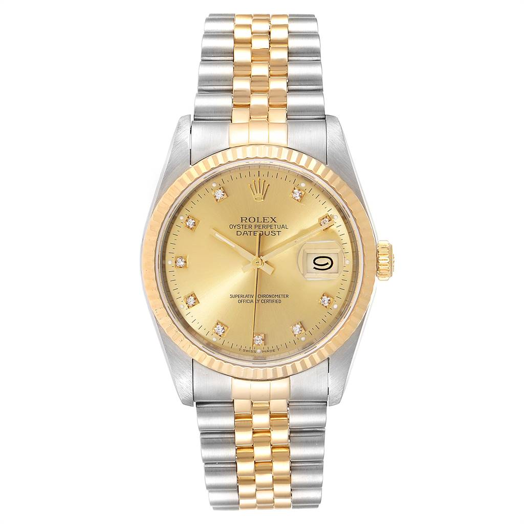 The Rolex Datejust 16233 Men's Steel and Gold (two tone) Champagne Dial 16233 Men's Steel and Gold (two tone) Champagne Dial watch is shown from a front view, displaying its gold dial, fluted bezel, and two-tone bracelet.