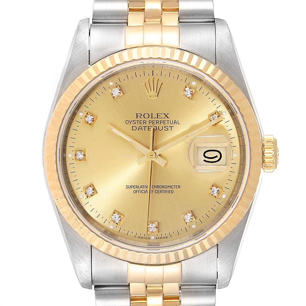 The image shows a front view of a Rolex Datejust 16233 Men's Steel and Gold (two tone) Champagne Dial 16233 Men's Steel and Gold (two tone) Champagne Dial watch, highlighting its dial, bezel, bracelet, hands, crown, and date window.