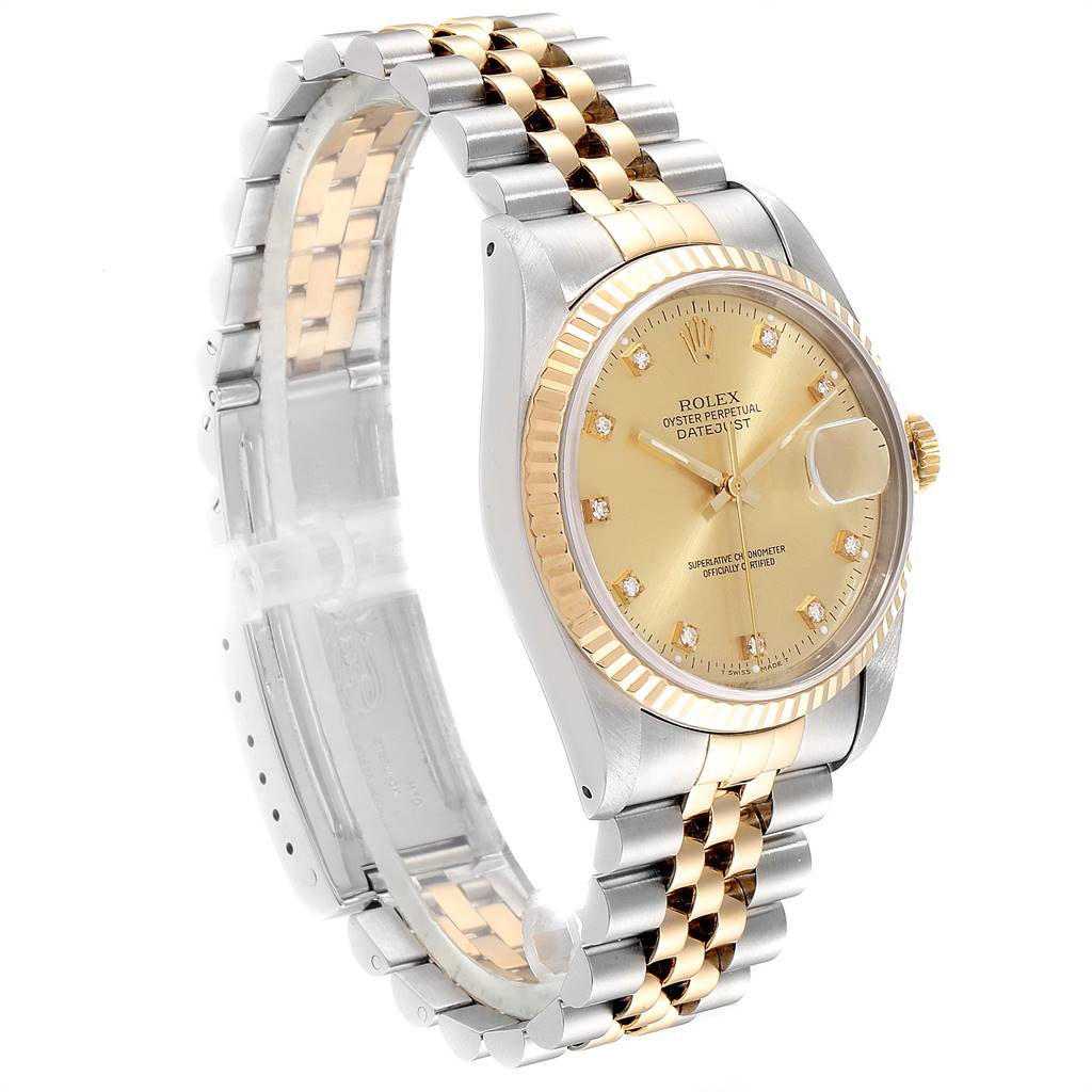The image shows a side angle of a Rolex Datejust 16233 Men's Steel and Gold (two tone) Champagne Dial 16233 Men's Steel and Gold (two tone) Champagne Dial model, highlighting its gold dial, bezel, and two-tone Jubilee bracelet.