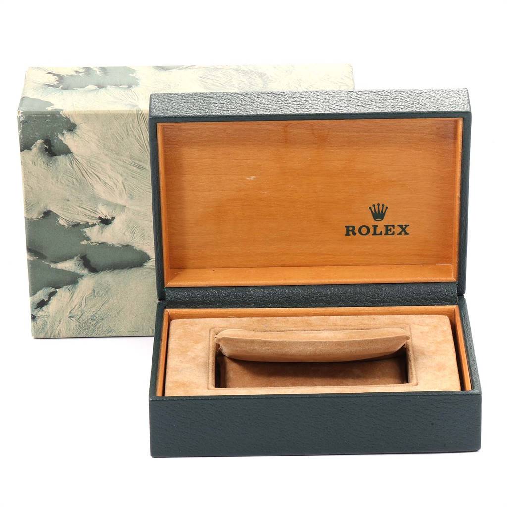 This image shows an open box for a Rolex Datejust 16233 Men
s Steel and Gold (two tone) Black Dial 16233 Men
s Steel and Gold (two tone) Black Dial watch, revealing the inner wooden and velvet compartments from a front angle.