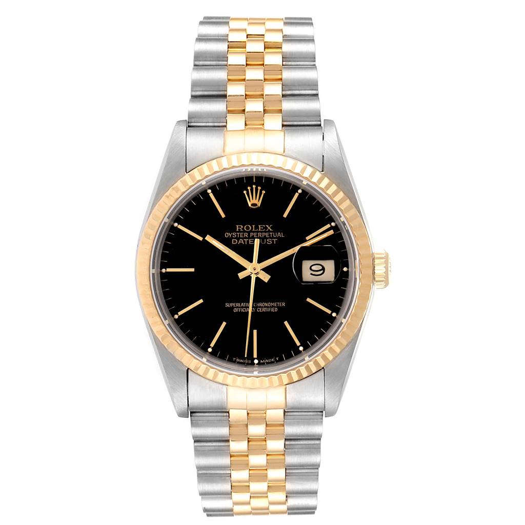 The Rolex Datejust 16233 Men
s Steel and Gold (two tone) Black Dial 16233 Men
s Steel and Gold (two tone) Black Dial watch is shown from a top-down angle, displaying its black dial, gold fluted bezel, and two-tone bracelet.