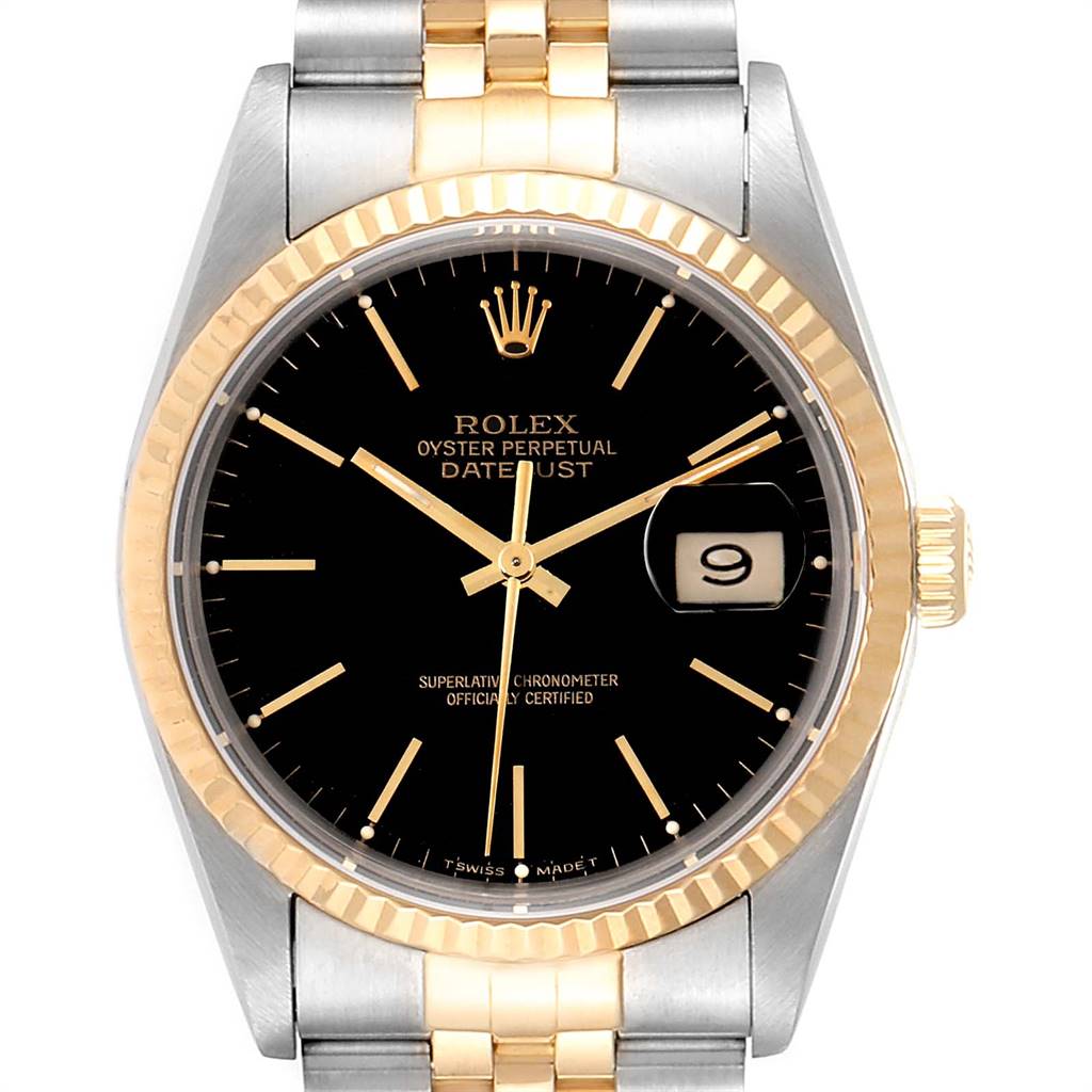 This image shows a frontal view of the Rolex Datejust 16233 Men
s Steel and Gold (two tone) Black Dial 16233 Men
s Steel and Gold (two tone) Black Dial watch, highlighting its black dial, gold indices, and date window.