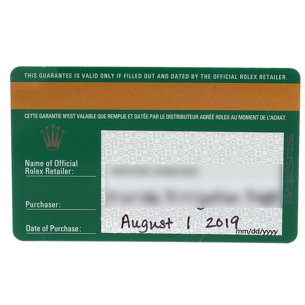 This image shows a warranty card for the Rolex Datejust 126200 Men's Stainless Steel Blue Dial 126200 Men's Stainless Steel Blue Dial, including retailer, purchaser, and purchase date information.