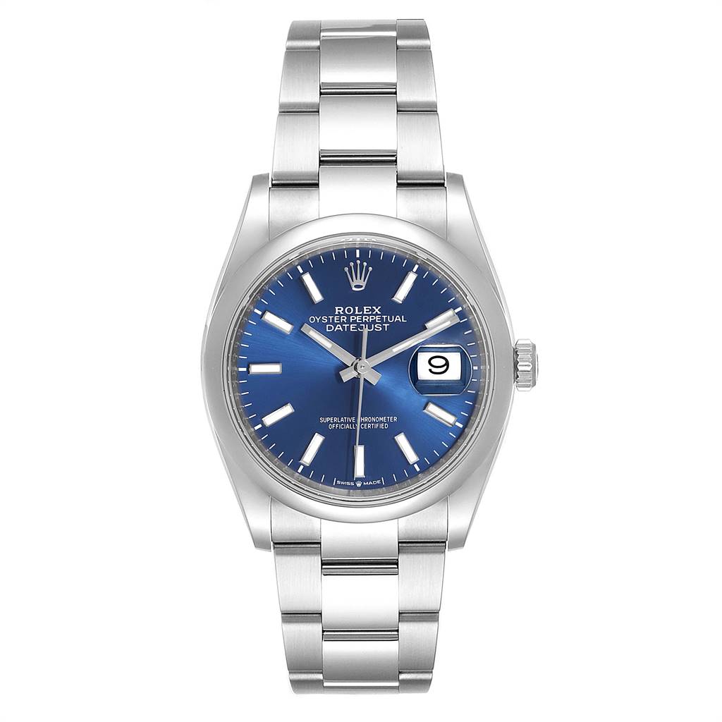 This Rolex Datejust 126200 Men's Stainless Steel Blue Dial 126200 Men's Stainless Steel Blue Dial watch is shown from a straight-on angle, highlighting its blue dial, date window, and stainless steel bracelet.