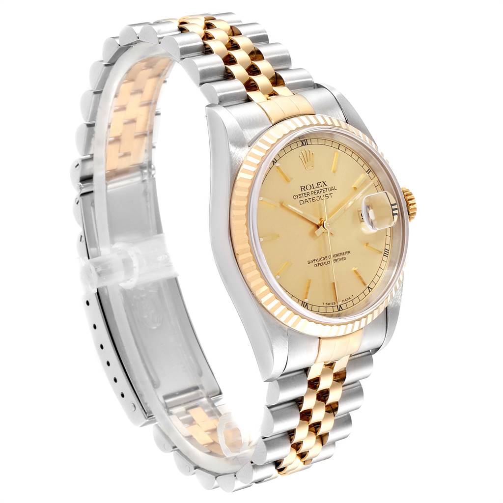 The image shows a side angle of a Rolex Datejust 16233 Men's Steel and Gold (two tone) Champagne Dial 16233 Men's Steel and Gold (two tone) Champagne Dial watch, highlighting its gold and silver bracelet, gold bezel, and face.
