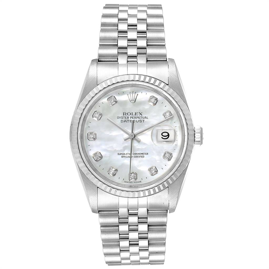 The image shows a front view of a Rolex Datejust 16234 Men's Stainless Steel Mother of Pearl Dial 16234 Men's Stainless Steel Mother of Pearl Dial watch, highlighting its dial, bezel, bracelet, and crown.