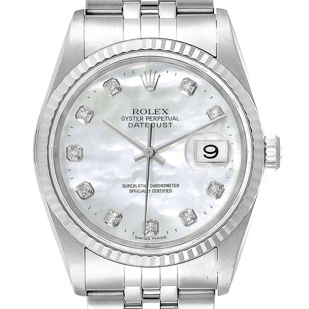 This image shows a front angle of a Rolex Datejust 16234 Men's Stainless Steel Mother of Pearl Dial 16234 Men's Stainless Steel Mother of Pearl Dial watch, highlighting its dial, bezel, crown, and bracelet.