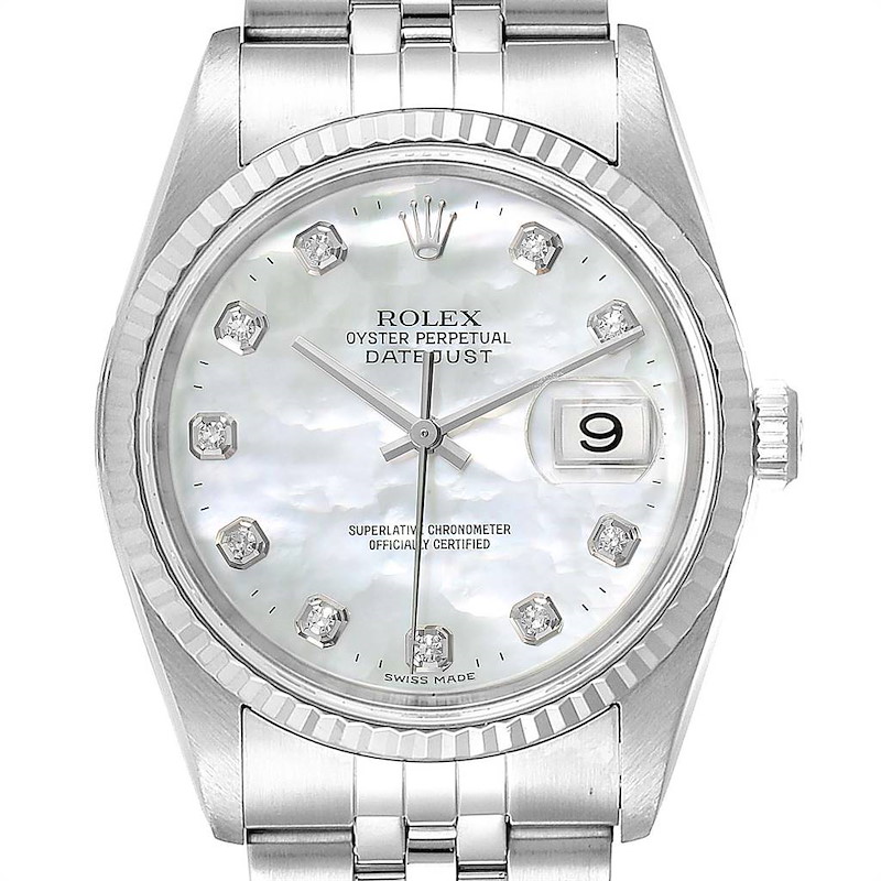 Rolex Datejust Steel White Gold MOP Diamond Mens Watch 16234 Box Papers SwissWatchExpo