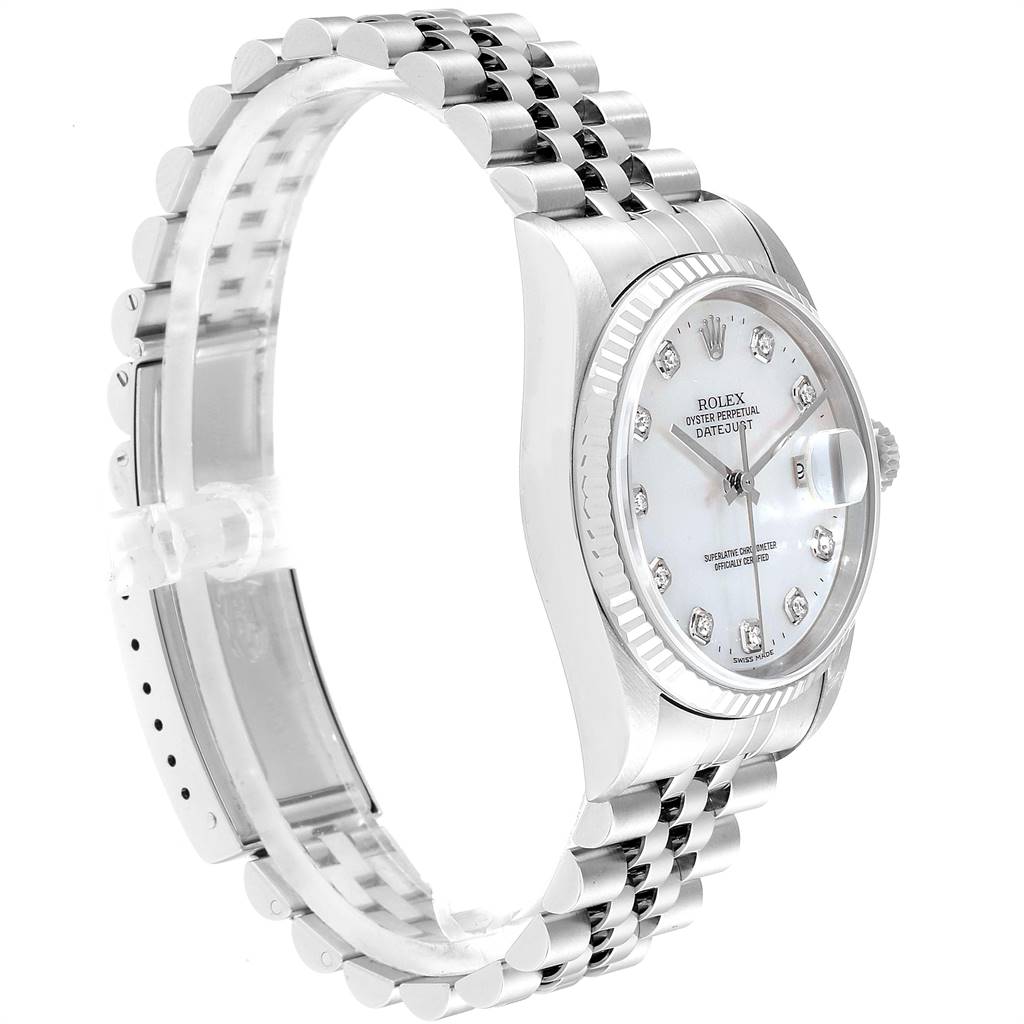 The image shows a Rolex Datejust 16234 Men's Stainless Steel Mother of Pearl Dial 16234 Men's Stainless Steel Mother of Pearl Dial model watch from a side angle, highlighting the dial, bezel, bracelet, and crown.