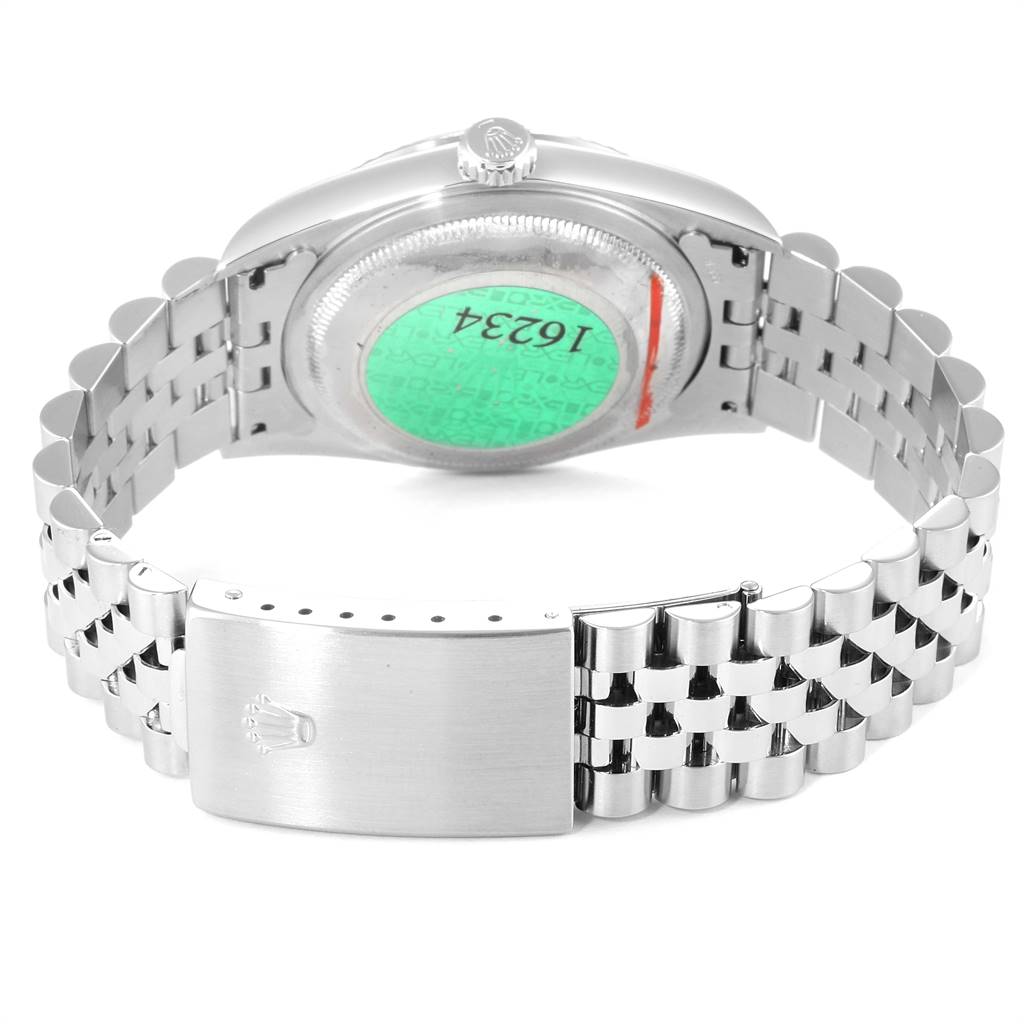 This image shows the back view of the Rolex Datejust 16234 Men's Stainless Steel Mother of Pearl Dial 16234 Men's Stainless Steel Mother of Pearl Dial watch displaying the case back, bracelet, and clasp.