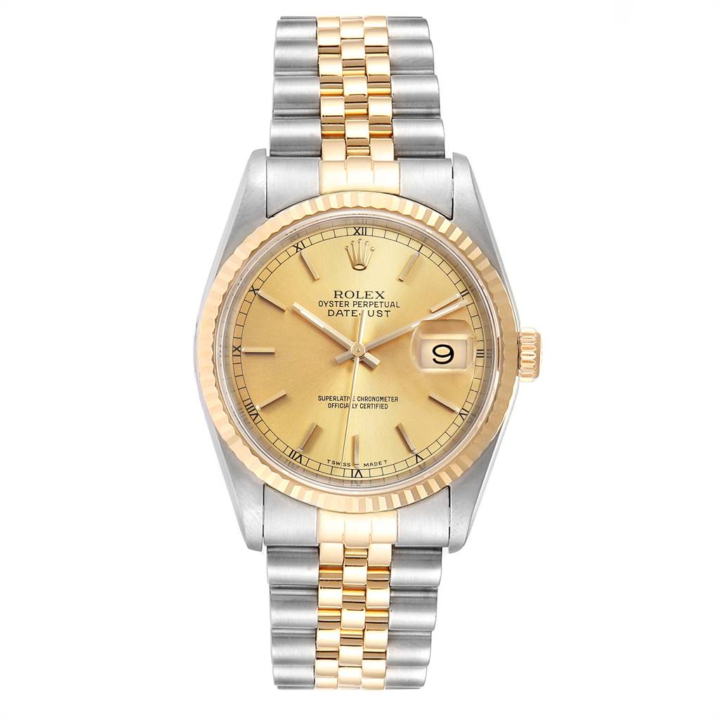 This image shows a front view of the Rolex Datejust 16233 Men
s Steel and Gold (two tone) Champagne Dial 16233 Men
s Steel and Gold (two tone) Champagne Dial watch featuring its dial, bezel, and mixed-metal bracelet.