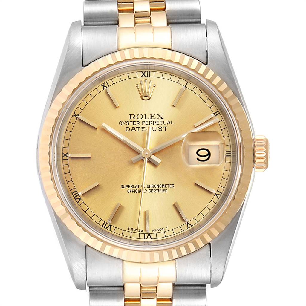 This is a front view of a Rolex Datejust 16233 Men
s Steel and Gold (two tone) Champagne Dial 16233 Men
s Steel and Gold (two tone) Champagne Dial, showcasing the dial, hands, crown, bezel, and part of the bracelet.