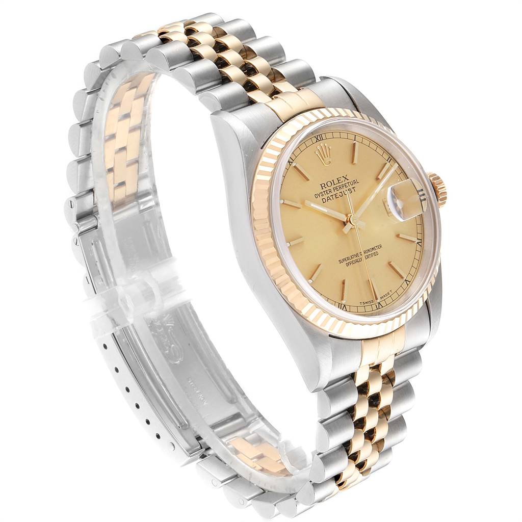 This image shows a side angle view of a Rolex Datejust 16233 Men
s Steel and Gold (two tone) Champagne Dial 16233 Men
s Steel and Gold (two tone) Champagne Dial with a two-tone bracelet and a champagne dial.