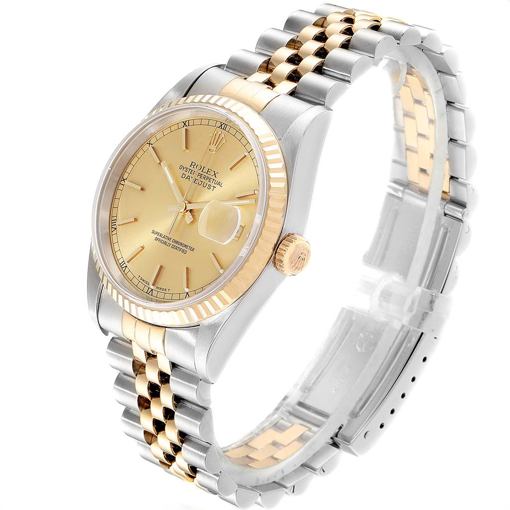 The image shows a side and front angle of a Rolex Datejust 16233 Men
s Steel and Gold (two tone) Champagne Dial 16233 Men
s Steel and Gold (two tone) Champagne Dial watch, highlighting its bezel, dial, crown, and jubilee bracelet.