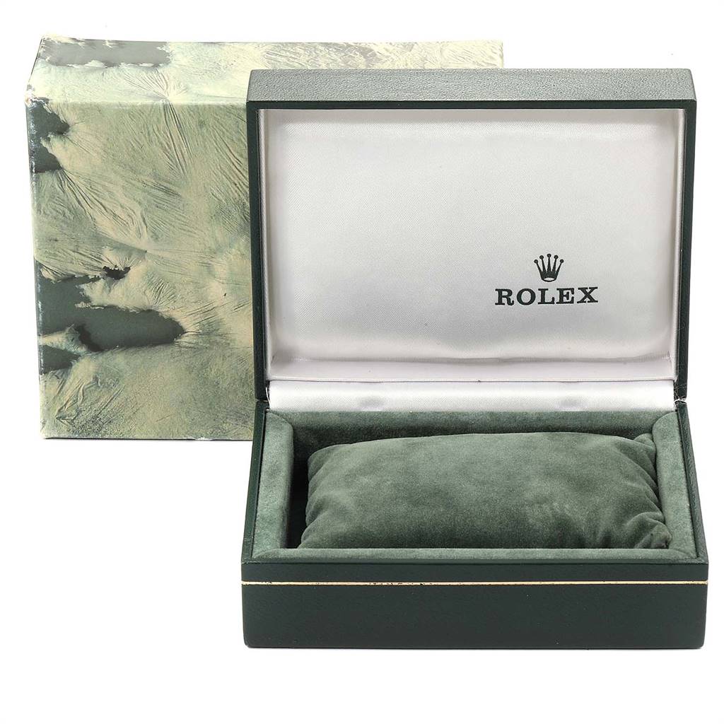 The image shows the opened box and outer packaging for a Rolex Datejust 16233 Men
s Steel and Gold (two tone) Champagne Dial 16233 Men
s Steel and Gold (two tone) Champagne Dial watch.