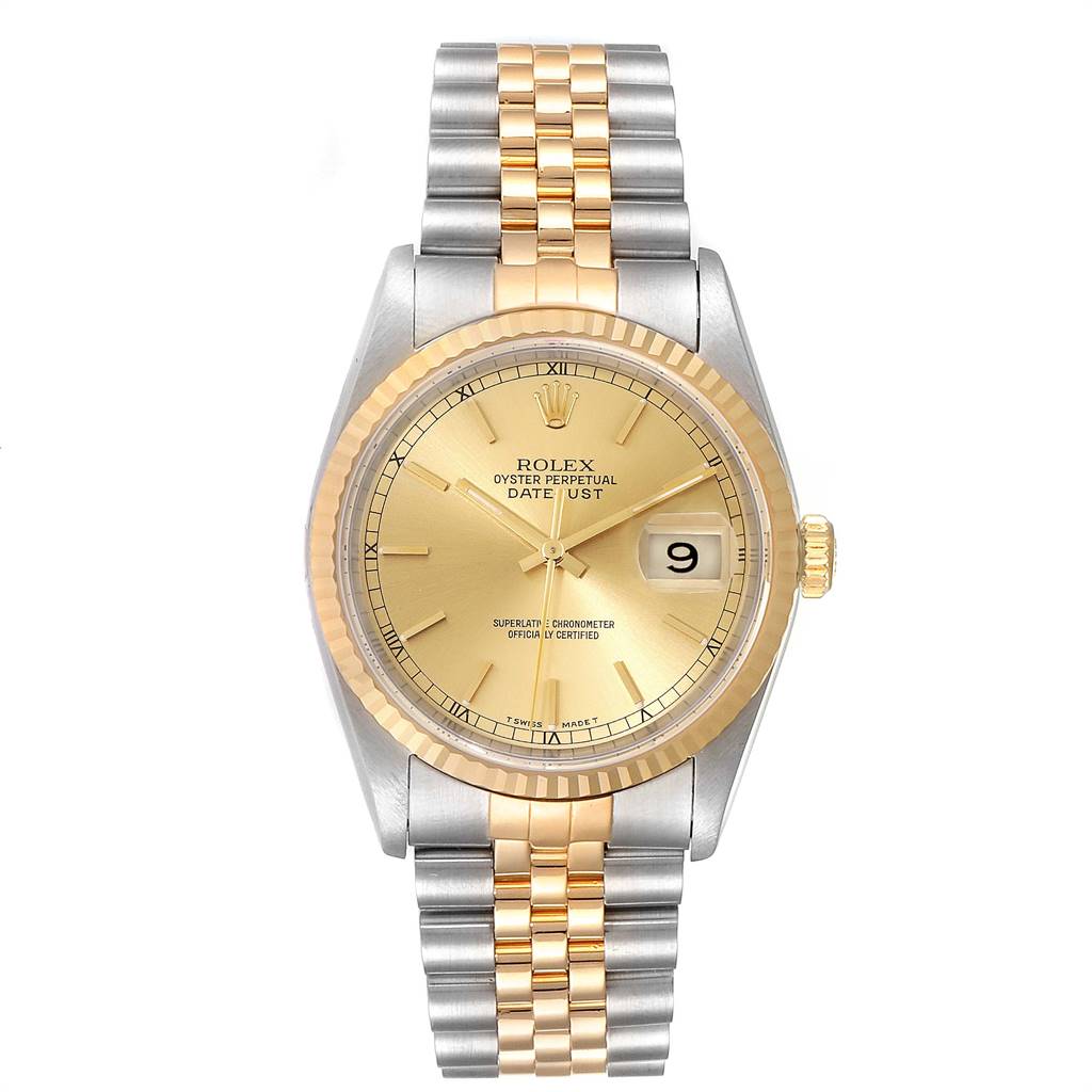 The image shows a front view of a Rolex Datejust 16233 Men
s Steel and Gold (two tone) Champagne Dial 16233 Men
s Steel and Gold (two tone) Champagne Dial watch featuring a gold dial and a two-tone metal bracelet.