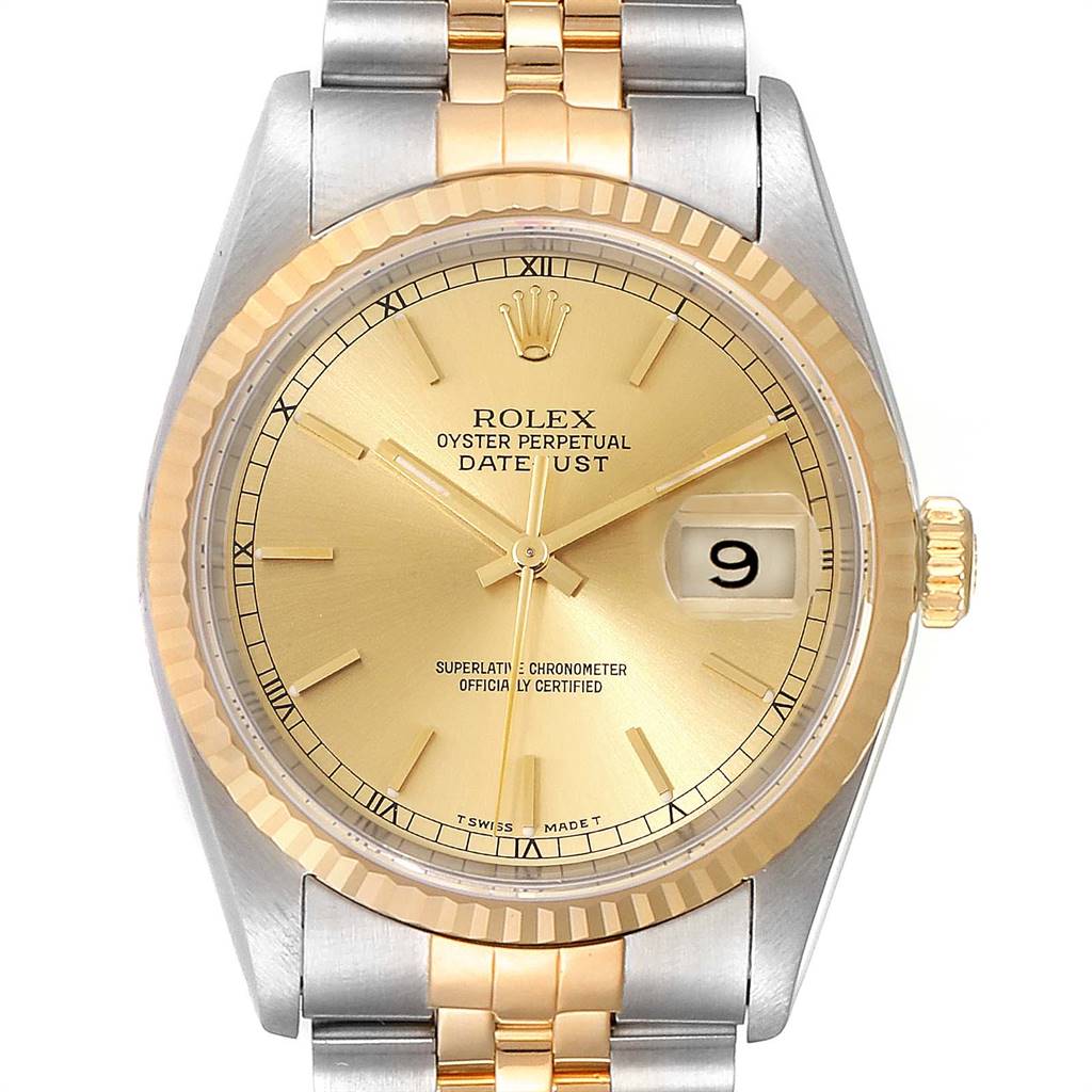 This Rolex Datejust 16233 Men
s Steel and Gold (two tone) Champagne Dial 16233 Men
s Steel and Gold (two tone) Champagne Dial watch is shown from a top-down angle, highlighting its dial, bezel, crown, and part of its bracelet.
