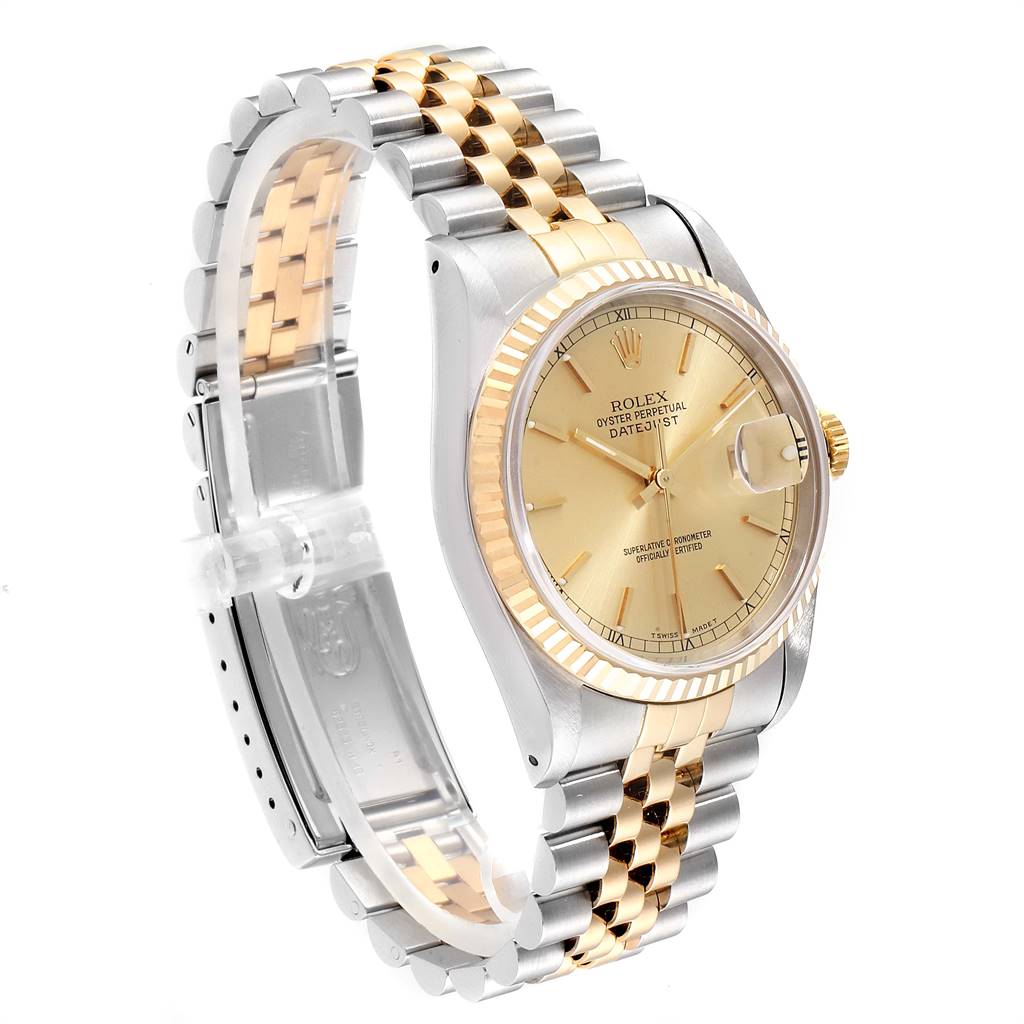 This image shows a side angle of the Rolex Datejust 16233 Men
s Steel and Gold (two tone) Champagne Dial 16233 Men
s Steel and Gold (two tone) Champagne Dial, showcasing its bracelet, case, dial, and fluted bezel.