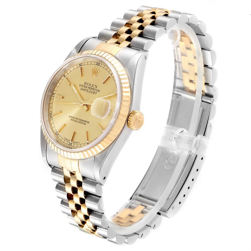 The image shows a side view of a Rolex Datejust 16233 Men
s Steel and Gold (two tone) Champagne Dial 16233 Men
s Steel and Gold (two tone) Champagne Dial watch, highlighting its gold and silver bracelet and dial.
