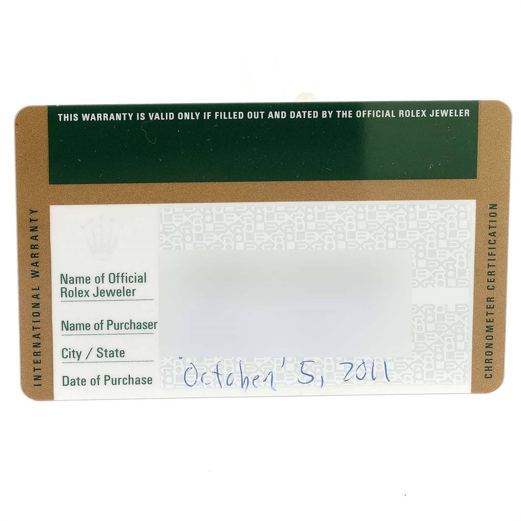 This image shows the international warranty card for the Rolex Datejust 116234 Men's Stainless Steel Silver Dial 116234 Men's Stainless Steel Silver Dial watch, dated October 5, 2011.