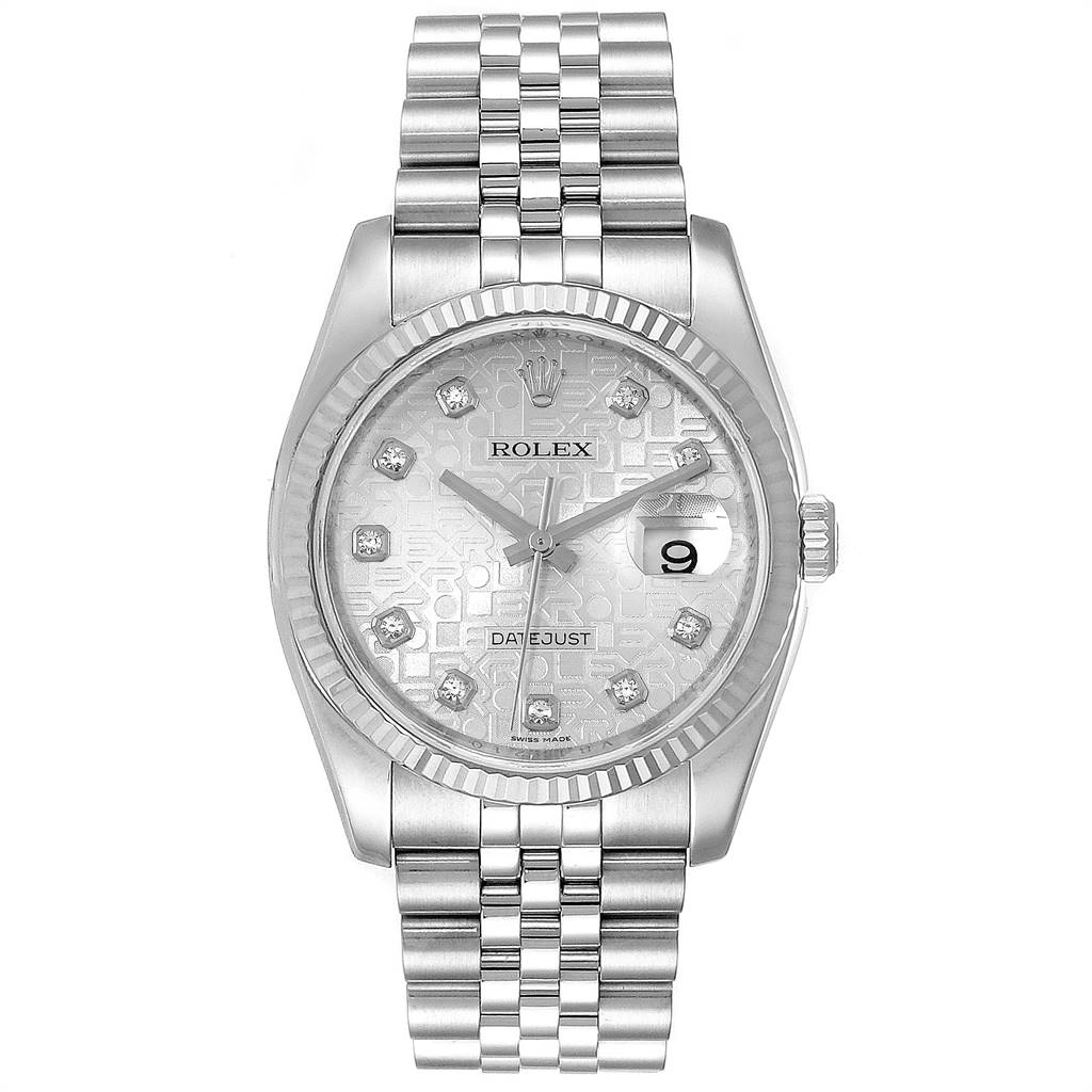 The image shows a front view of a Rolex Datejust 116234 Men's Stainless Steel Silver Dial 116234 Men's Stainless Steel Silver Dial watch, highlighting its face, dial, and bracelet.
