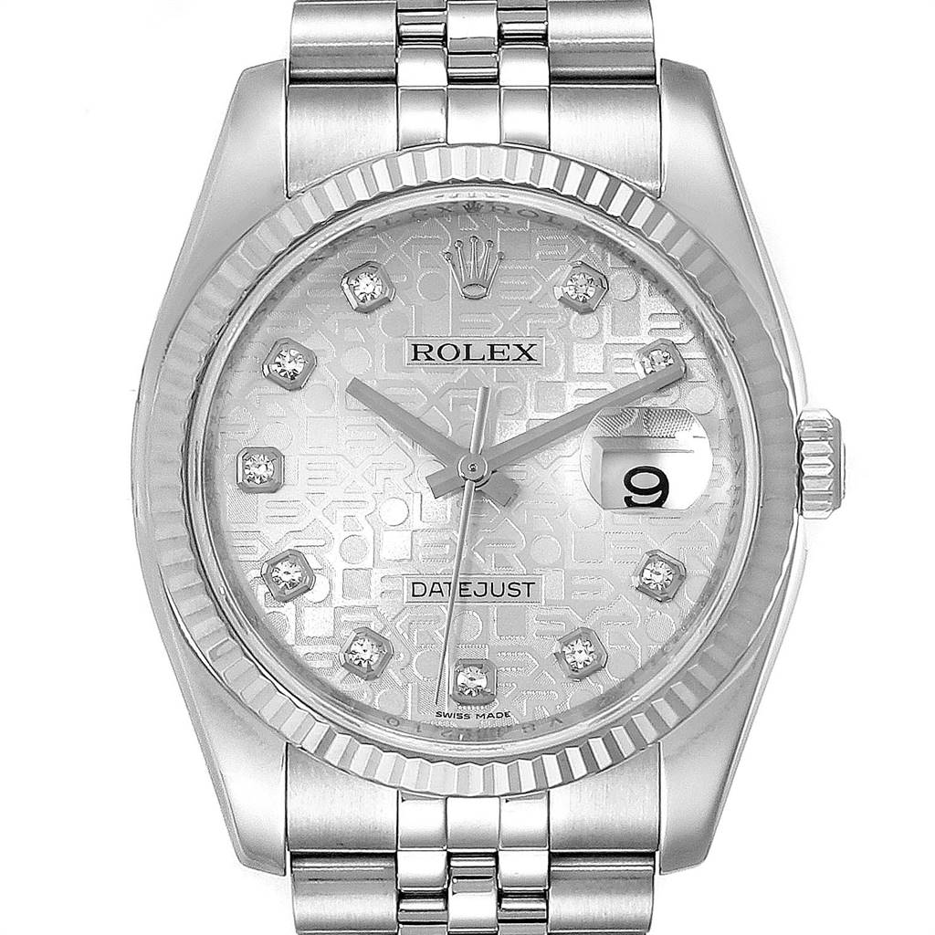 The image displays a Rolex Datejust 116234 Men's Stainless Steel Silver Dial 116234 Men's Stainless Steel Silver Dial watch from a frontal angle, showing the dial, bezel, crown, and part of the bracelet.