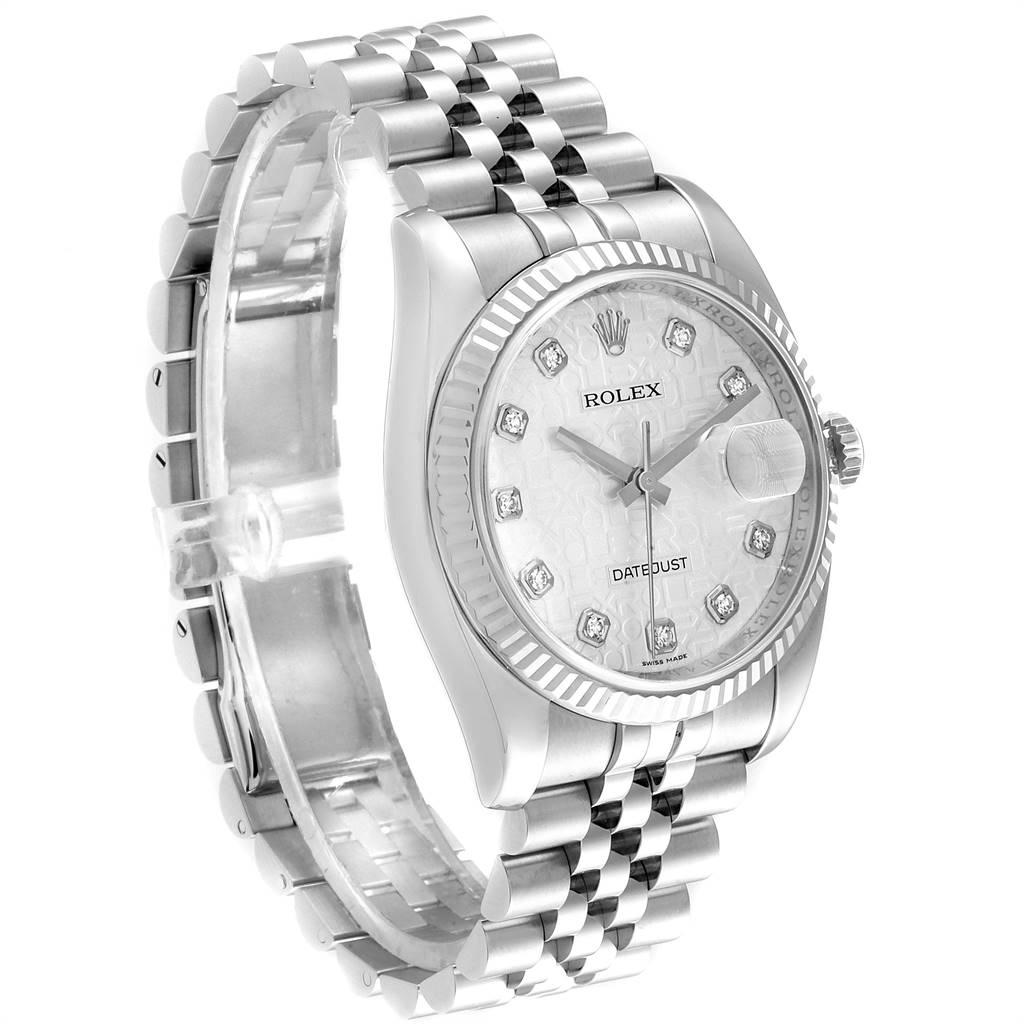 The Rolex Datejust 116234 Men's Stainless Steel Silver Dial 116234 Men's Stainless Steel Silver Dial watch is shown at an angle showcasing its face, bezel, crown, and bracelet.