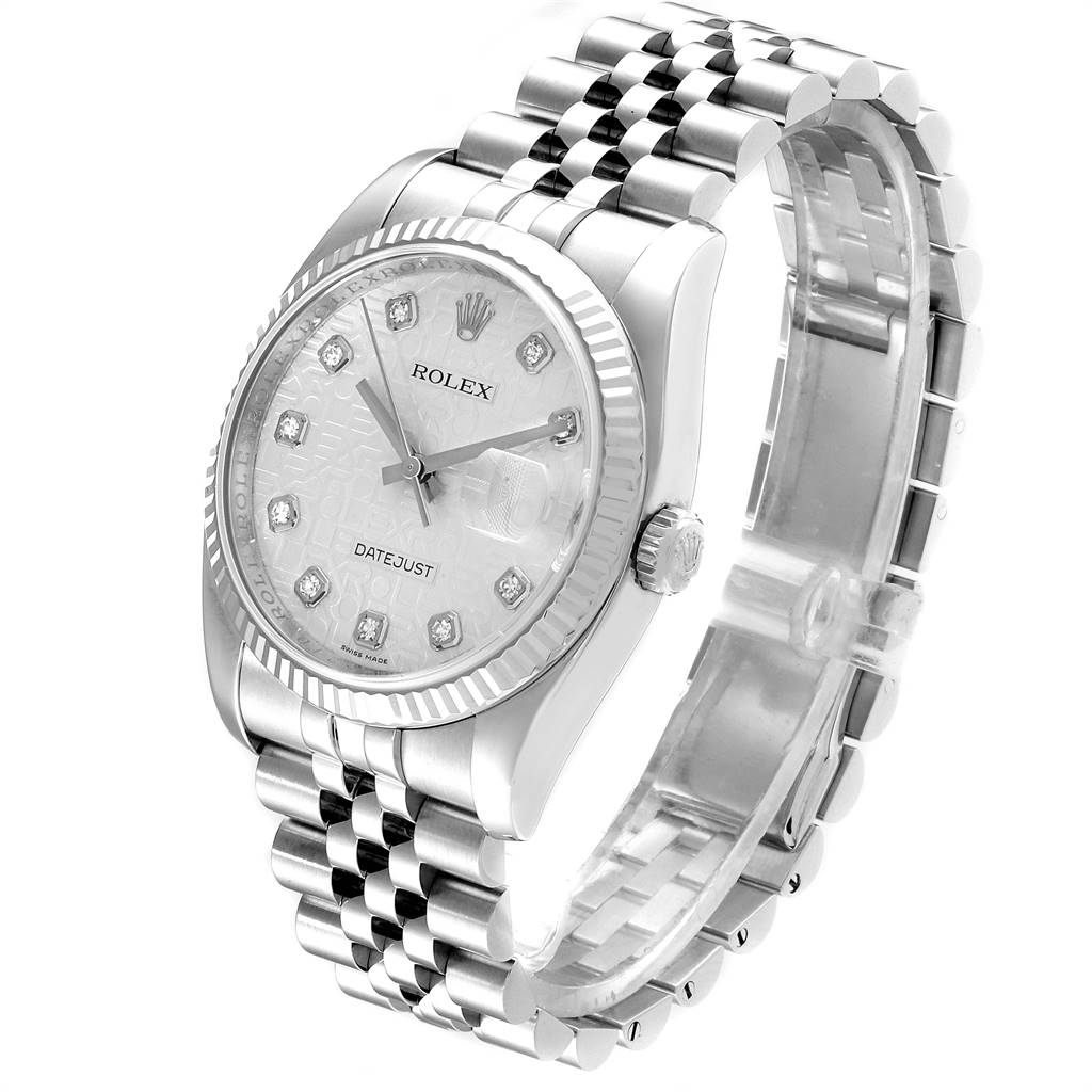 The image shows a Rolex Datejust 116234 Men's Stainless Steel Silver Dial 116234 Men's Stainless Steel Silver Dial watch at a slight angle, highlighting the bracelet, dial, bezel, and crown.