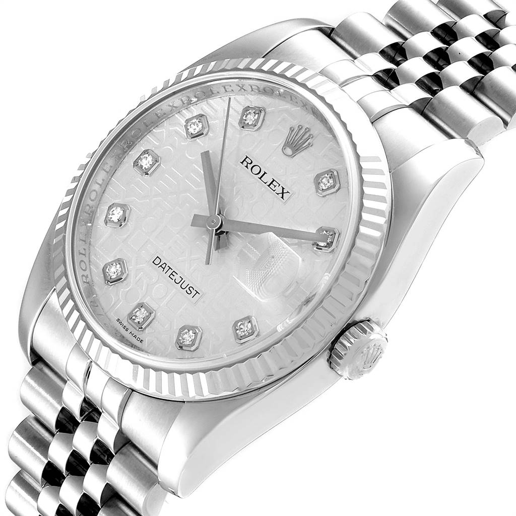 This image shows a close-up angled view of a Rolex Datejust 116234 Men's Stainless Steel Silver Dial 116234 Men's Stainless Steel Silver Dial watch, highlighting the face, bezel, winding crown, and bracelet.