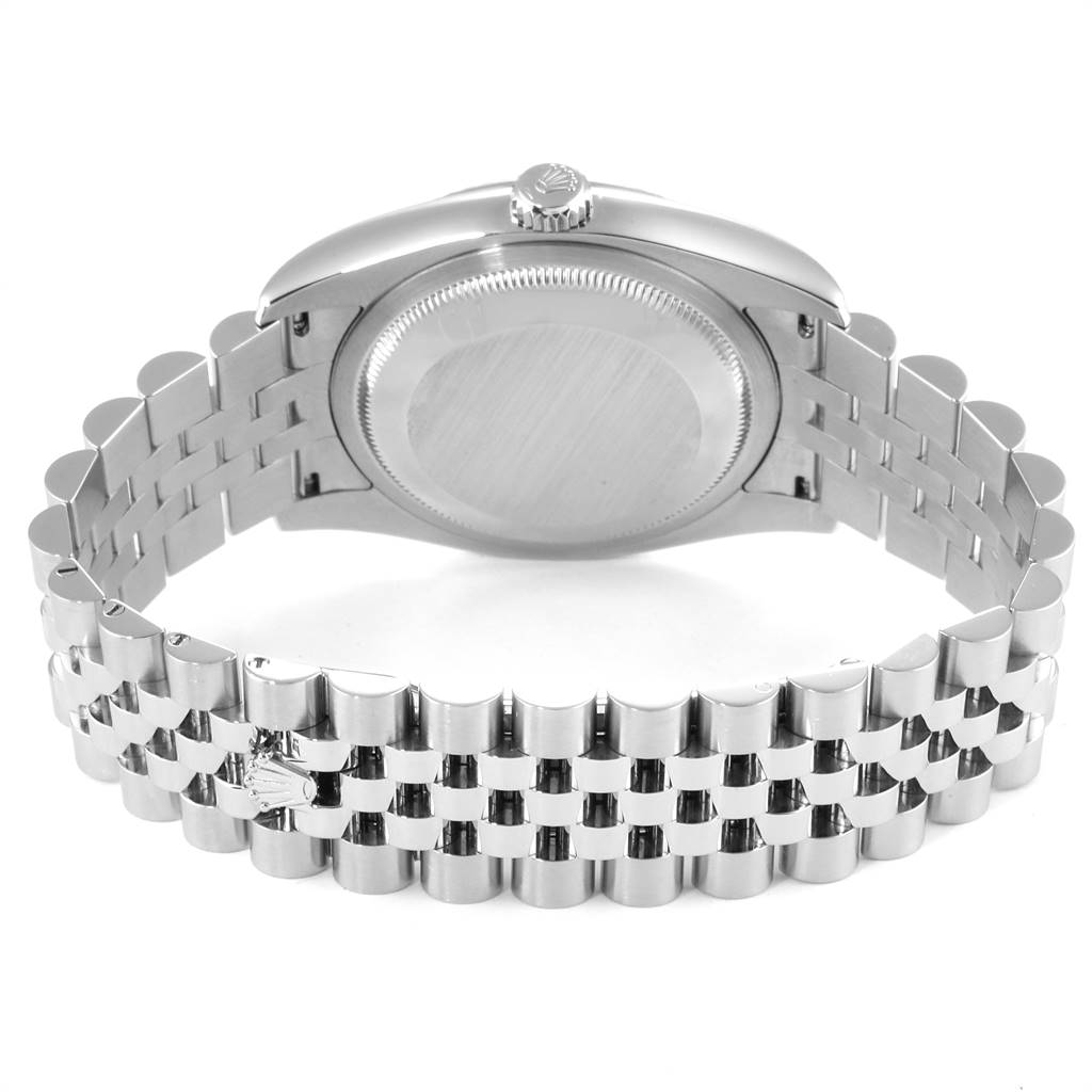 The image shows the back view of a Rolex Datejust 116234 Men's Stainless Steel Silver Dial 116234 Men's Stainless Steel Silver Dial watch featuring its stainless steel case and jubilee bracelet.