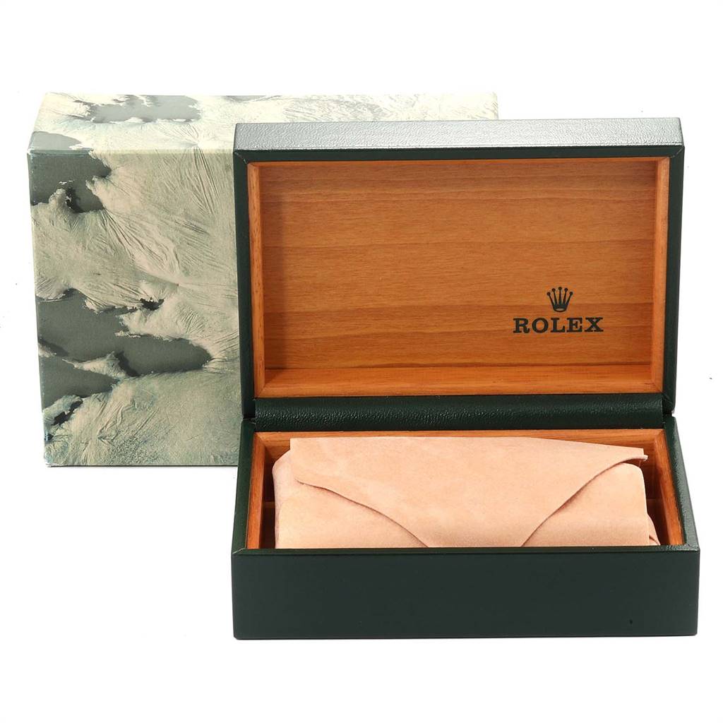 The image shows a Rolex Datejust 16233 Men's Steel and Gold (two tone) Champagne Dial 16233 Men's Steel and Gold (two tone) Champagne Dial watch box, open to reveal a leather pouch inside.