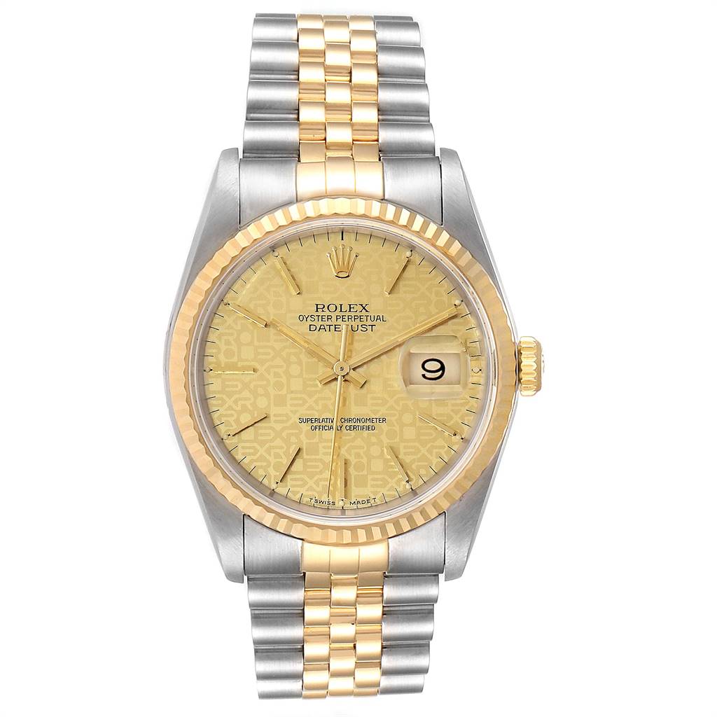 The image shows a front view of the Rolex Datejust 16233 Men's Steel and Gold (two tone) Champagne Dial 16233 Men's Steel and Gold (two tone) Champagne Dial watch, highlighting its dial, bezel, hands, date window, and two-tone bracelet.