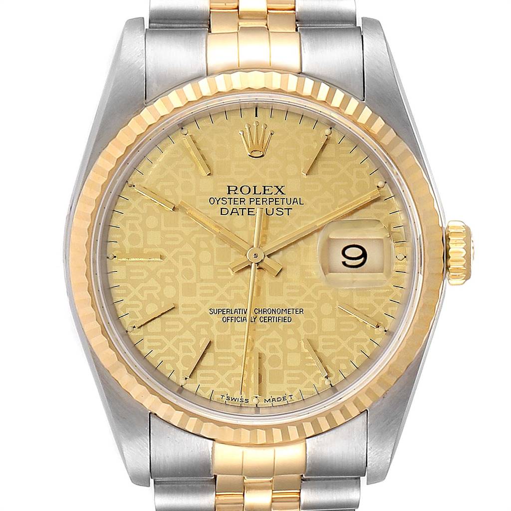 The Rolex Datejust 16233 Men's Steel and Gold (two tone) Champagne Dial 16233 Men's Steel and Gold (two tone) Champagne Dial watch is shown from a front-facing angle, displaying the dial, hour markers, hands, date window, and part of the band.