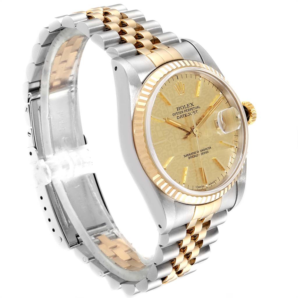 The image shows a side angle of the Rolex Datejust 16233 Men's Steel and Gold (two tone) Champagne Dial 16233 Men's Steel and Gold (two tone) Champagne Dial watch, highlighting its two-tone bracelet, dial, and fluted bezel.
