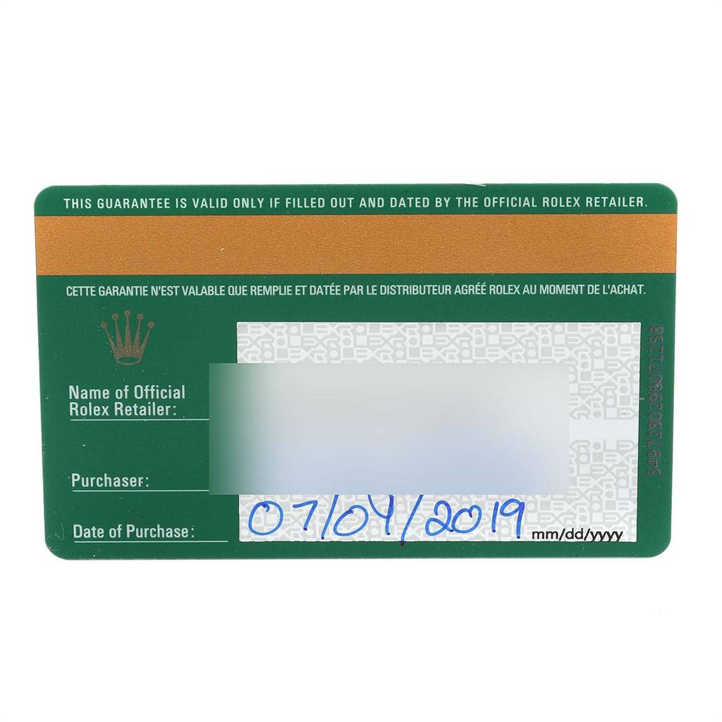 This image shows the guarantee card for a Rolex Datejust 126233 Men's Steel and Gold (two tone) Champagne Dial 126233 Men's Steel and Gold (two tone) Champagne Dial watch, displaying purchase details and the retailer's information.