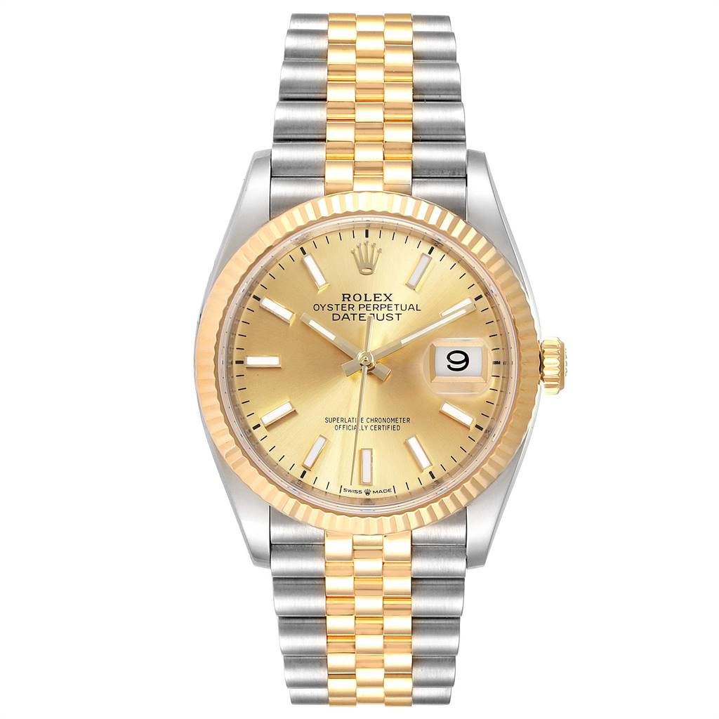 This is a front view of a Rolex Datejust 126233 Men's Steel and Gold (two tone) Champagne Dial 126233 Men's Steel and Gold (two tone) Champagne Dial showing the gold and silver Jubilee bracelet, fluted bezel, and champagne dial with date display.