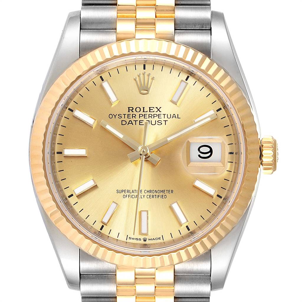 This is a front view of a Rolex Datejust 126233 Men's Steel and Gold (two tone) Champagne Dial 126233 Men's Steel and Gold (two tone) Champagne Dial watch showing the dial, bezel, crown, and part of the bracelet.