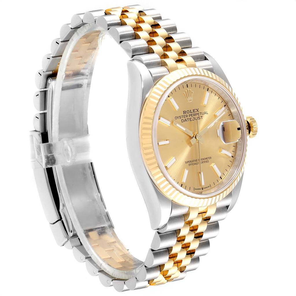 The Rolex Datejust 126233 Men's Steel and Gold (two tone) Champagne Dial 126233 Men's Steel and Gold (two tone) Champagne Dial watch is shown at a side angle, displaying its gold dial, two-tone bracelet, and fluted bezel.