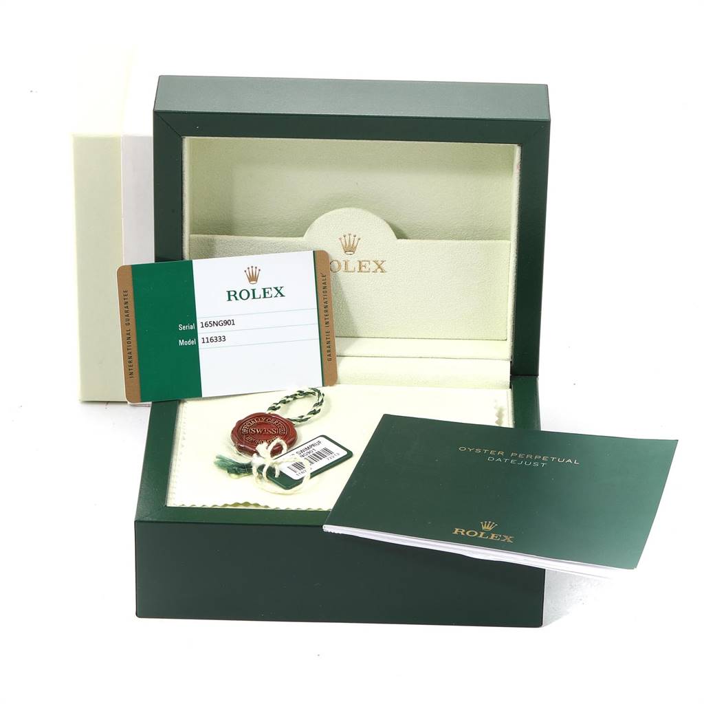 The image shows the packaging, warranty card, and manual for a Rolex Datejust 116333 Men's Steel and Gold (two tone) Silver Dial 116333 Men's Steel and Gold (two tone) Silver Dial watch.