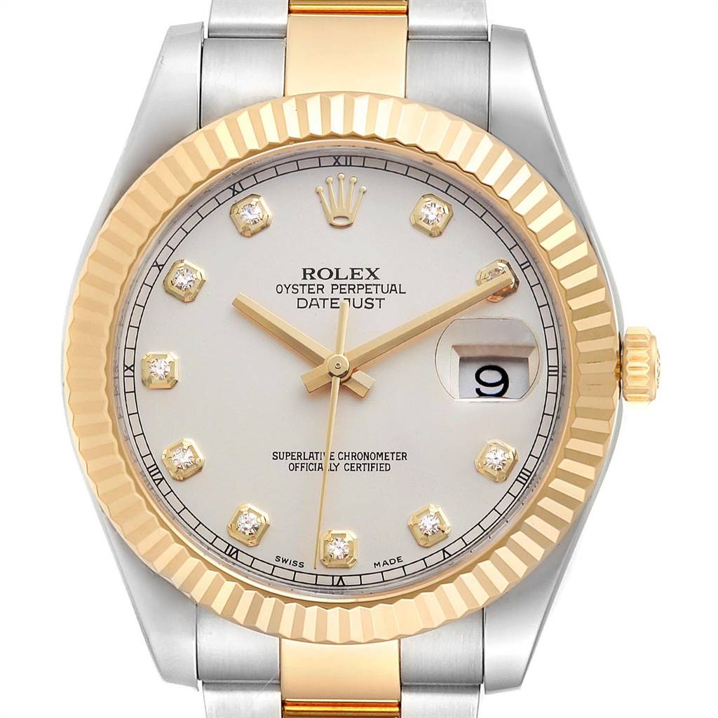 This Rolex Datejust 116333 Men's Steel and Gold (two tone) Silver Dial 116333 Men's Steel and Gold (two tone) Silver Dial watch is shown from a front angle, highlighting its gold bezel, dial, hands, hour markers, and date window.