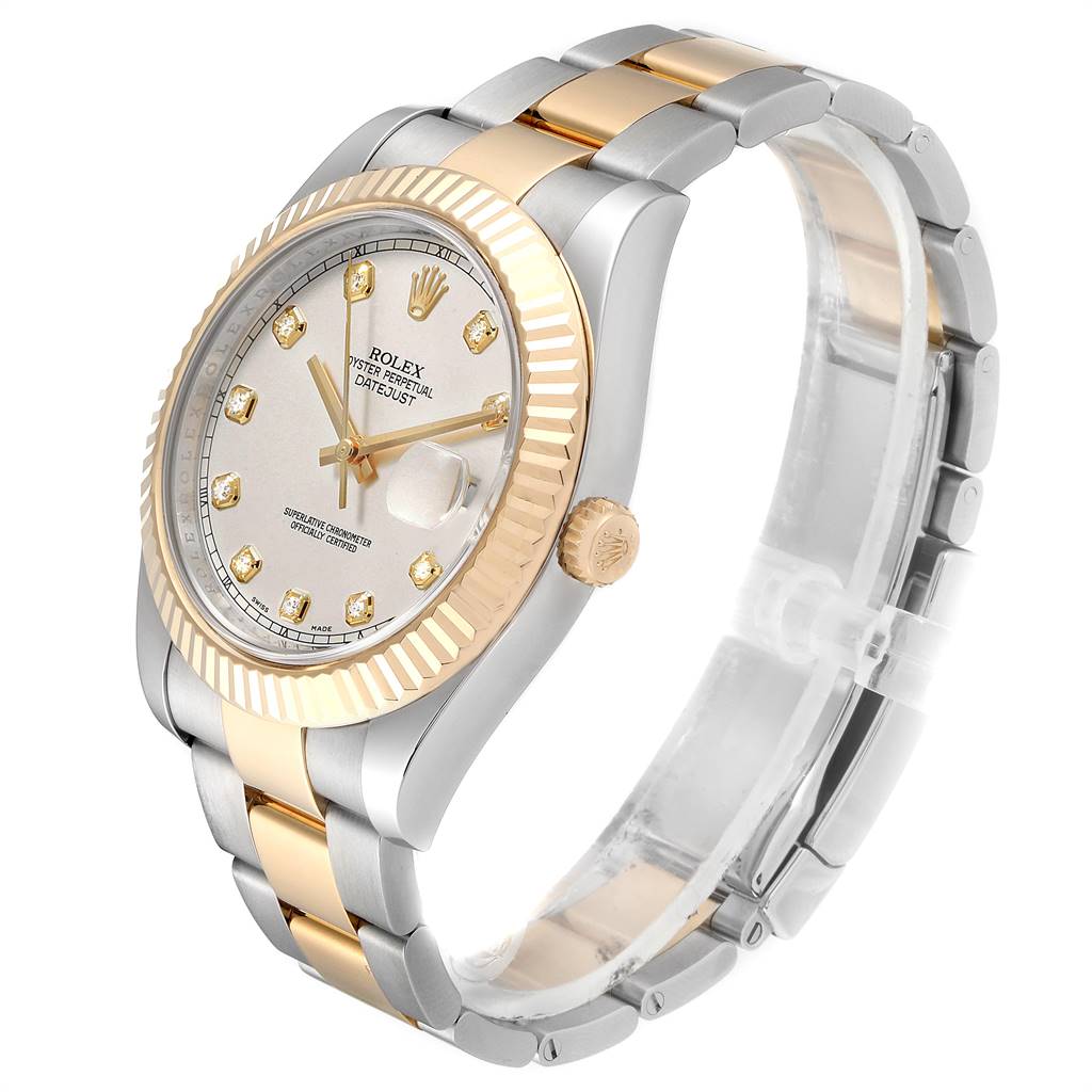 The Rolex Datejust 116333 Men's Steel and Gold (two tone) Silver Dial 116333 Men's Steel and Gold (two tone) Silver Dial watch is shown at an angle highlighting its face, bezel, and bracelet.