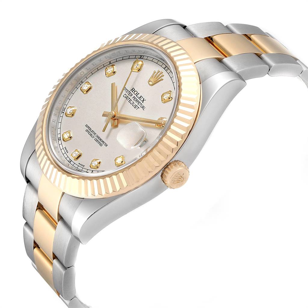 This Rolex Datejust 116333 Men's Steel and Gold (two tone) Silver Dial 116333 Men's Steel and Gold (two tone) Silver Dial watch is shown from an angled top-side view, highlighting its dial, bezel, crown, and bracelet.