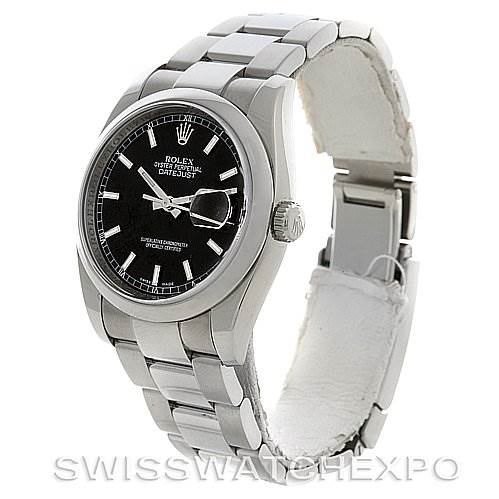 The image shows a Rolex Datejust 116200 Men's Stainless Steel Black Dial 116200 Men's Stainless Steel Black Dial model watch from a frontal angle, highlighting the face, bezel, crown, and bracelet.