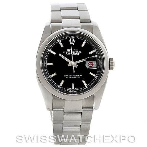 This image shows a frontal view of a Rolex Datejust 116200 Men's Stainless Steel Black Dial 116200 Men's Stainless Steel Black Dial watch featuring its dial, bracelet, and bezel.