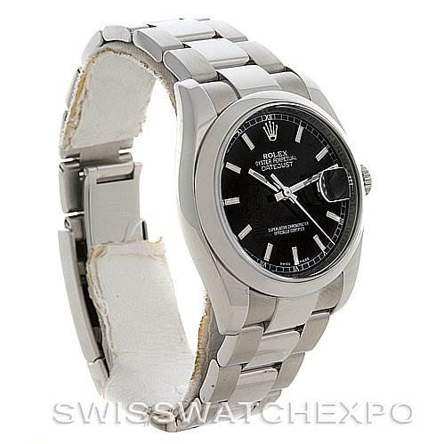 The image shows a side perspective of a Rolex Datejust 116200 Men's Stainless Steel Black Dial 116200 Men's Stainless Steel Black Dial watch, highlighting the face, bracelet, and clasp.