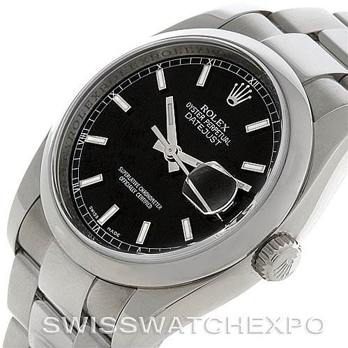 The image shows a Rolex Datejust 116200 Men's Stainless Steel Black Dial 116200 Men's Stainless Steel Black Dial watch from an angled perspective, highlighting the dial, case, bracelet, and crown.