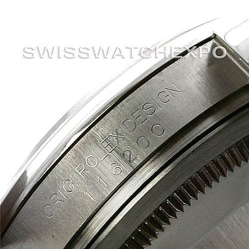 This image shows a close-up of the side casing and model number of a Rolex Datejust 116200 Men's Stainless Steel Black Dial 116200 Men's Stainless Steel Black Dial watch.