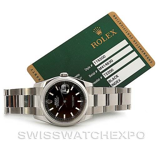This image shows a Rolex Datejust 116200 Men's Stainless Steel Black Dial 116200 Men's Stainless Steel Black Dial watch with a close-up view of its face and bracelet, along with its certification card.