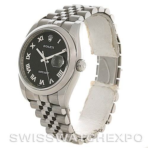 The image shows a Rolex Datejust 116200-BKRJ Men
s Stainless Steel Black Dial 116200-BKRJ Men
s Stainless Steel Black Dial watch at a slight angle, highlighting the black dial, Roman numerals, bezel, and the Jubilee bracelet.