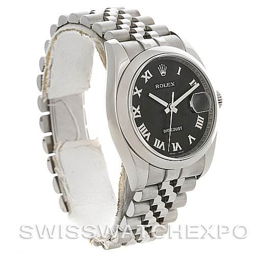 The Rolex Datejust 116200-BKRJ Men
s Stainless Steel Black Dial 116200-BKRJ Men
s Stainless Steel Black Dial watch is shown at a three-quarter angle, highlighting the face, bezel, and part of the bracelet.